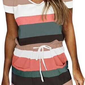 Stripe Printed Dresses for Women Tie Waist Casual Mini Dresses V Neck Loose Slee